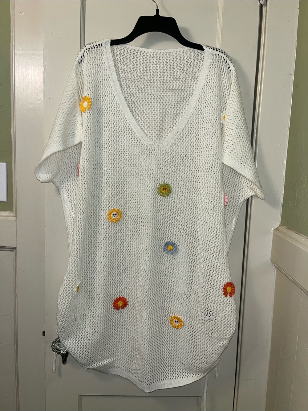 BloomChic White Crochet Mesh Swim Coverup with Multicolor Daisy Accents